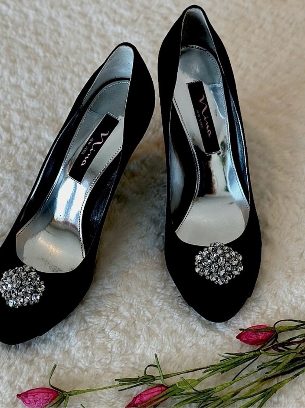 Nina Black Satin Glamour Pumps with Crystal Brooch